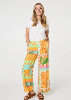 Trousers>Izabel London Orange Tropical Tile Print Wide Leg Trousers