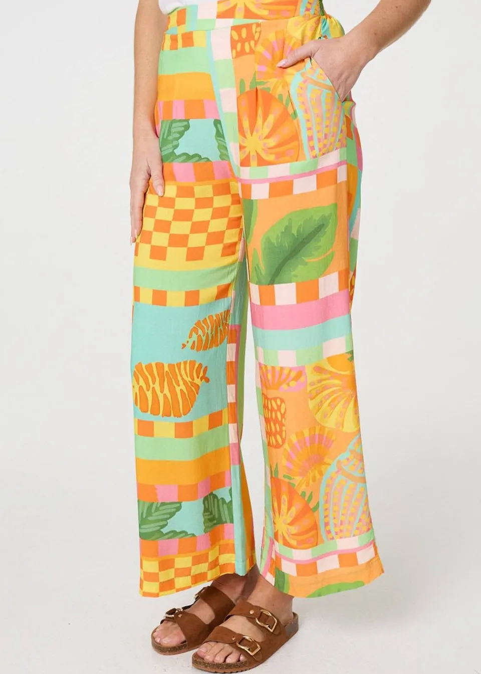 Trousers>Izabel London Orange Tropical Tile Print Wide Leg Trousers