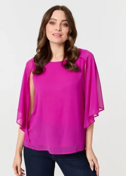 Tops>Izabel London Orchid Semi Sheer Cut Out 3/4 Sleeve Blouse