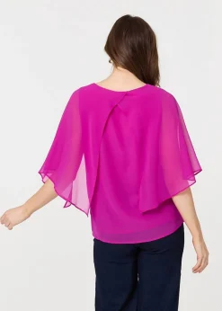 Tops>Izabel London Orchid Semi Sheer Cut Out 3/4 Sleeve Blouse