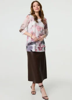Tops>Izabel London Pink Abstract Print Mesh Layer Tunic