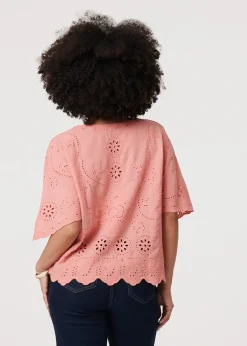 Tops>Izabel London Pink Broderie Anglaise Angel Sleeve Blouse