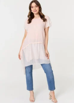 Tops>Izabel London Pink Cap Sleeve Relaxed Longline Tunic Top