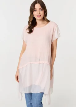 Tops>Izabel London Pink Cap Sleeve Relaxed Longline Tunic Top