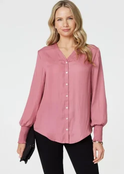 Tops>Izabel London Pink Collarless Button Up Long Sleeve Shirt