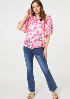 Tops>Izabel London Pink Floral Puff Sleeve Collared Shirt