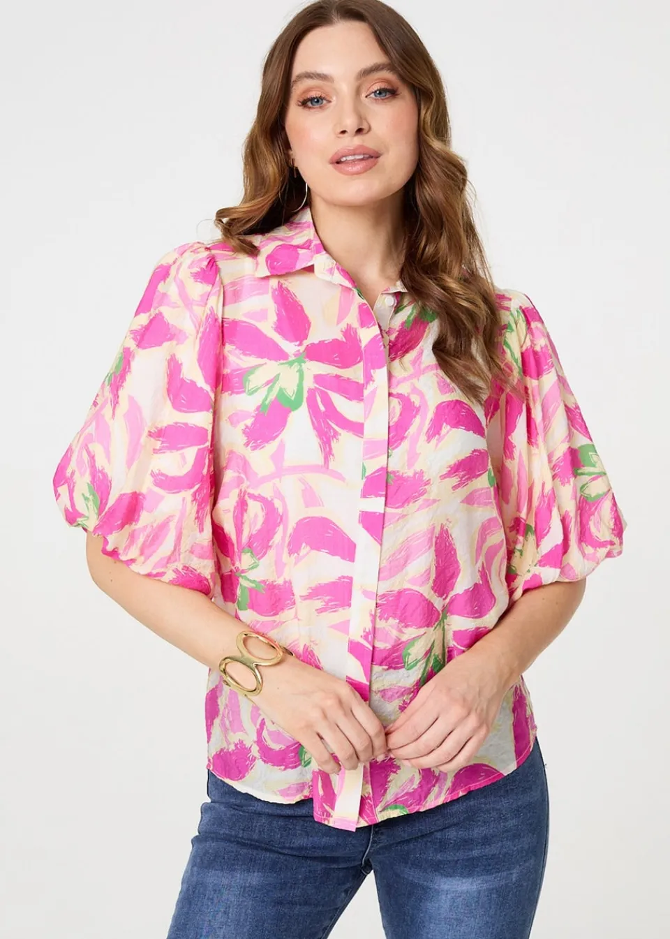 Tops>Izabel London Pink Floral Puff Sleeve Collared Shirt
