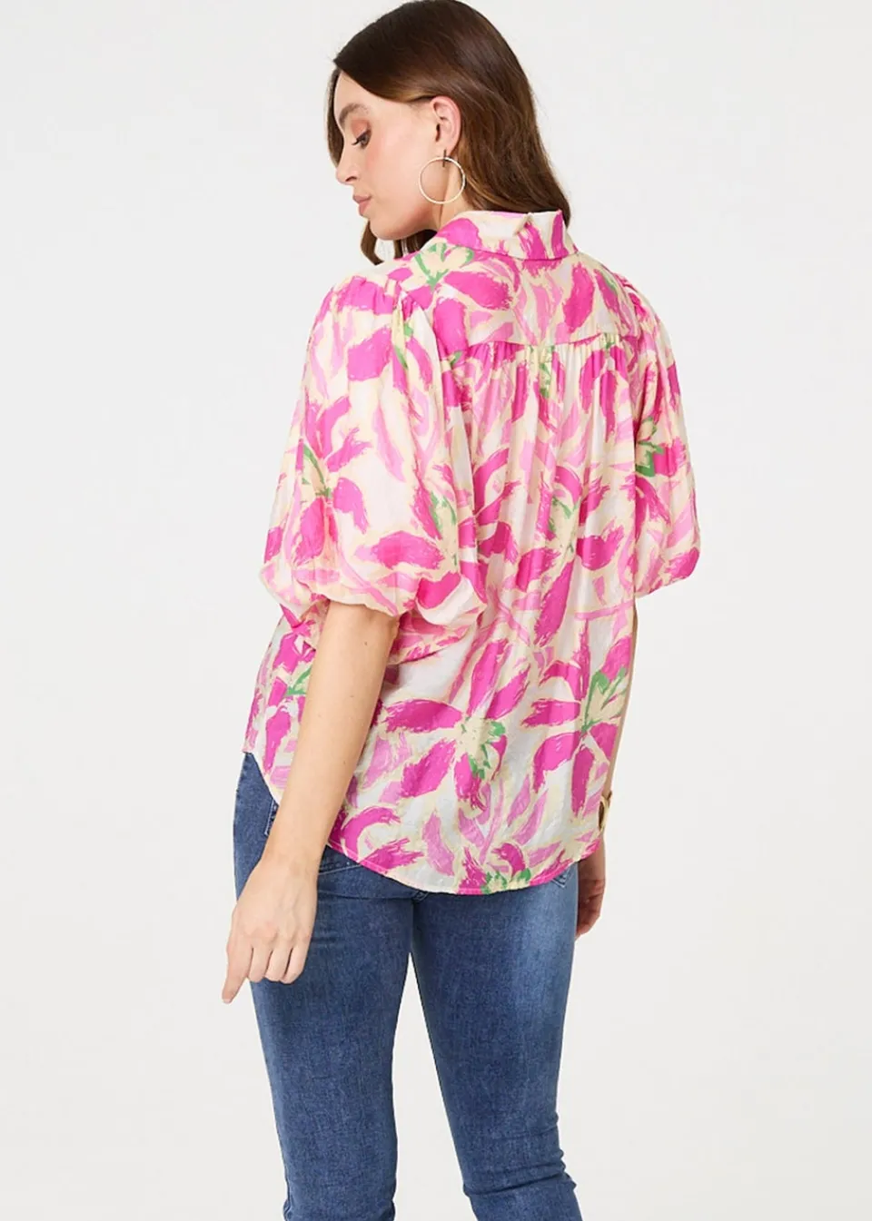 Tops>Izabel London Pink Floral Puff Sleeve Collared Shirt