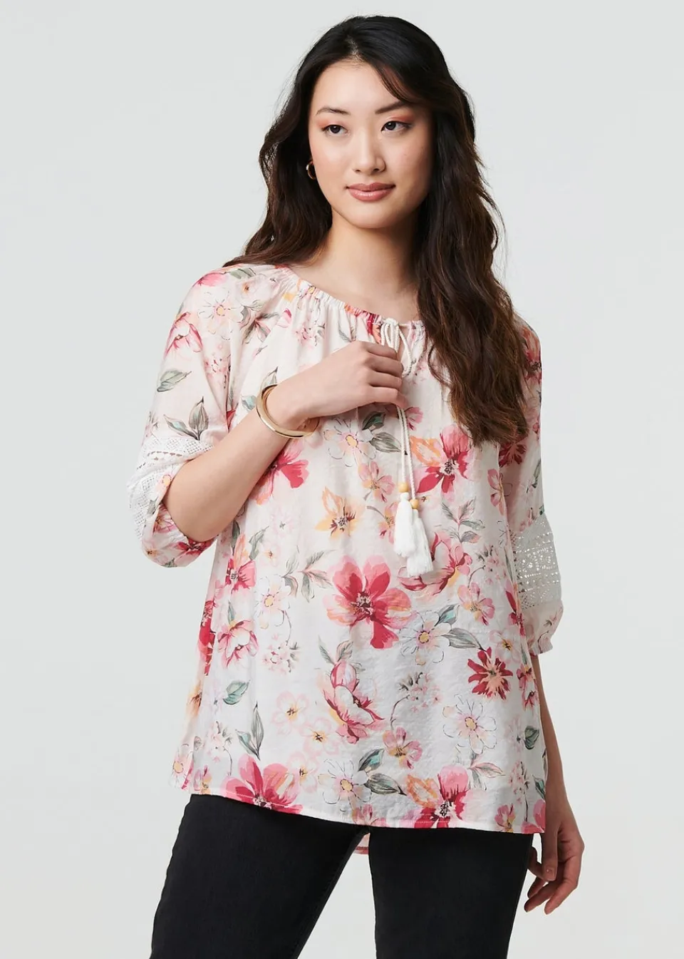 Tops>Izabel London Pink Floral Lace Trim Bardot Neck Blouse