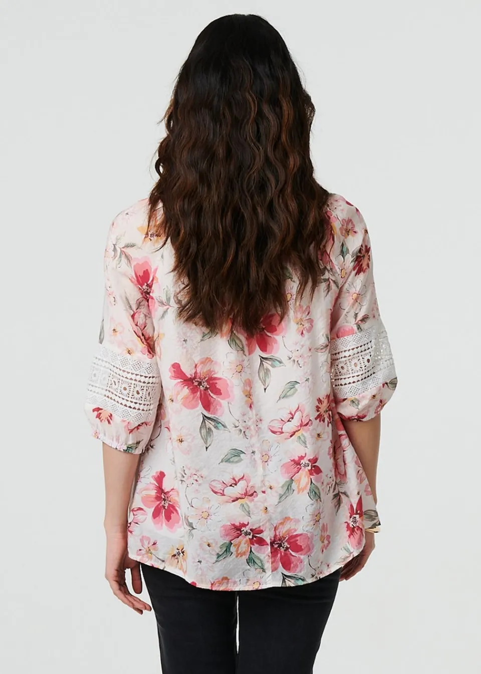 Tops>Izabel London Pink Floral Lace Trim Bardot Neck Blouse
