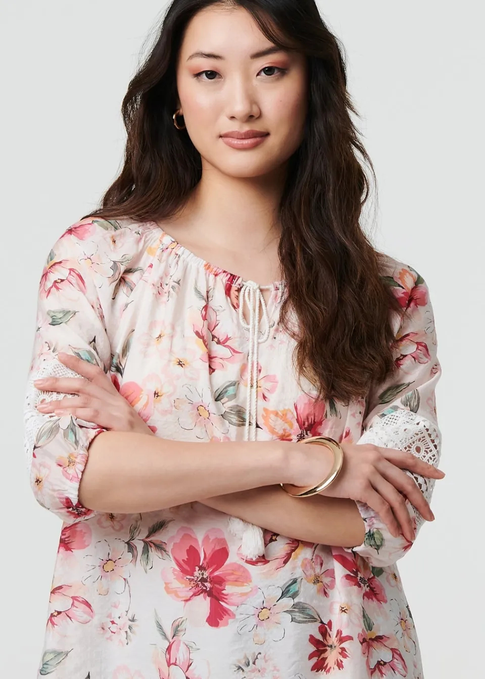 Tops>Izabel London Pink Floral Lace Trim Bardot Neck Blouse