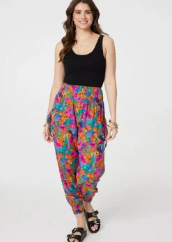 Trousers>Izabel London Pink Floral Shirred High Waist Harem Pants