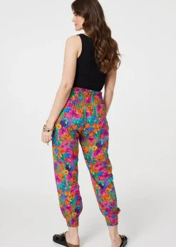 Trousers>Izabel London Pink Floral Shirred High Waist Harem Pants