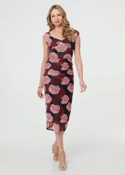 Dresses>Izabel London Pink Floral Semi Sheer Cap Sleeve Midi Dress