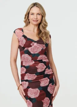 Dresses>Izabel London Pink Floral Semi Sheer Cap Sleeve Midi Dress