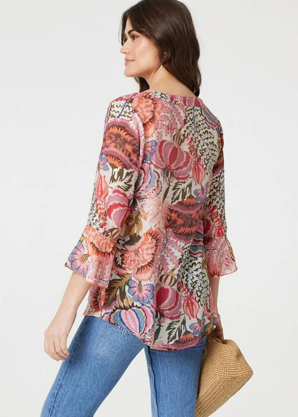 Tops>Izabel London Pink Floral 3/4 Frill Sleeve Relaxed Blouse