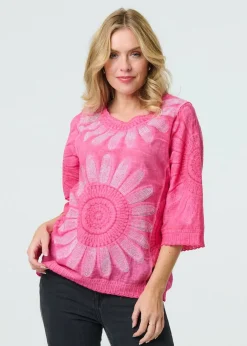 Tops>Izabel London Pink Floral Diamante Stud 3/4 Sleeve Knit Top