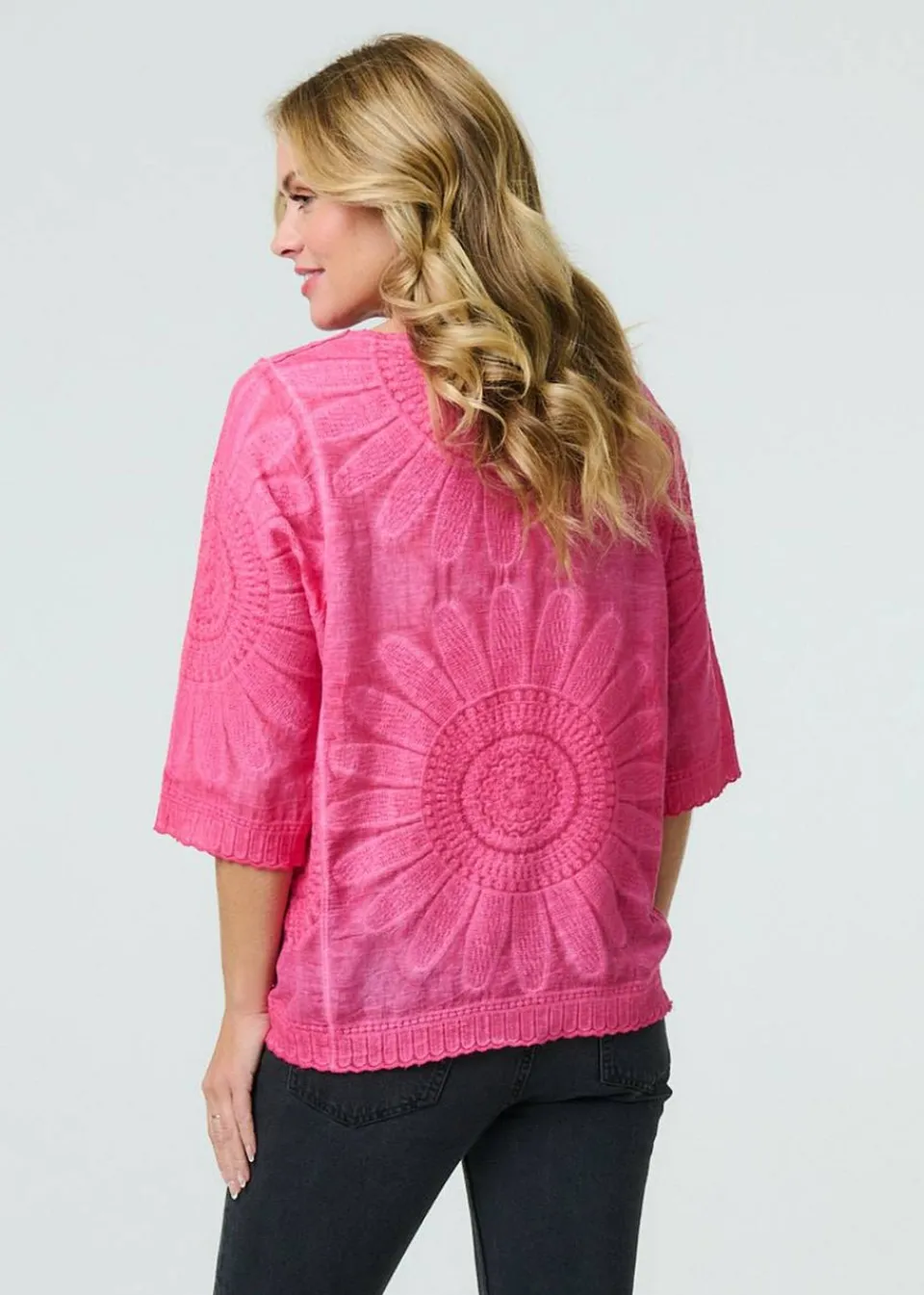 Tops>Izabel London Pink Floral Diamante Stud 3/4 Sleeve Knit Top