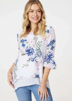 T-Shirts>Izabel London Pink Floral 3/4 Flare Sleeve Curve Hem Top