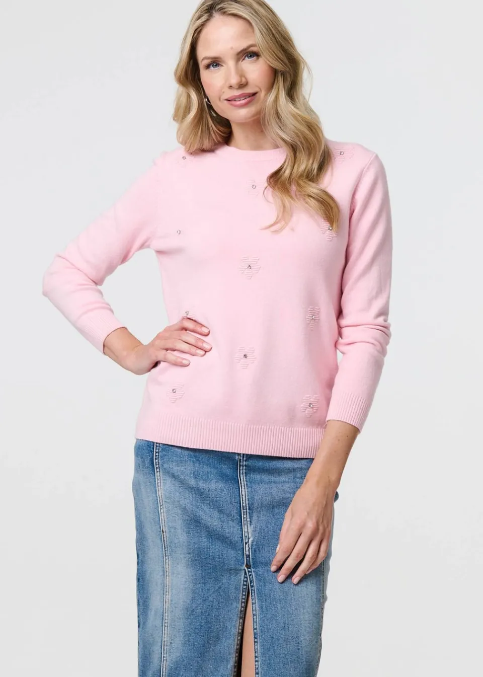 Tops>Izabel London Pink Floral Gemstone Embellished Jumper