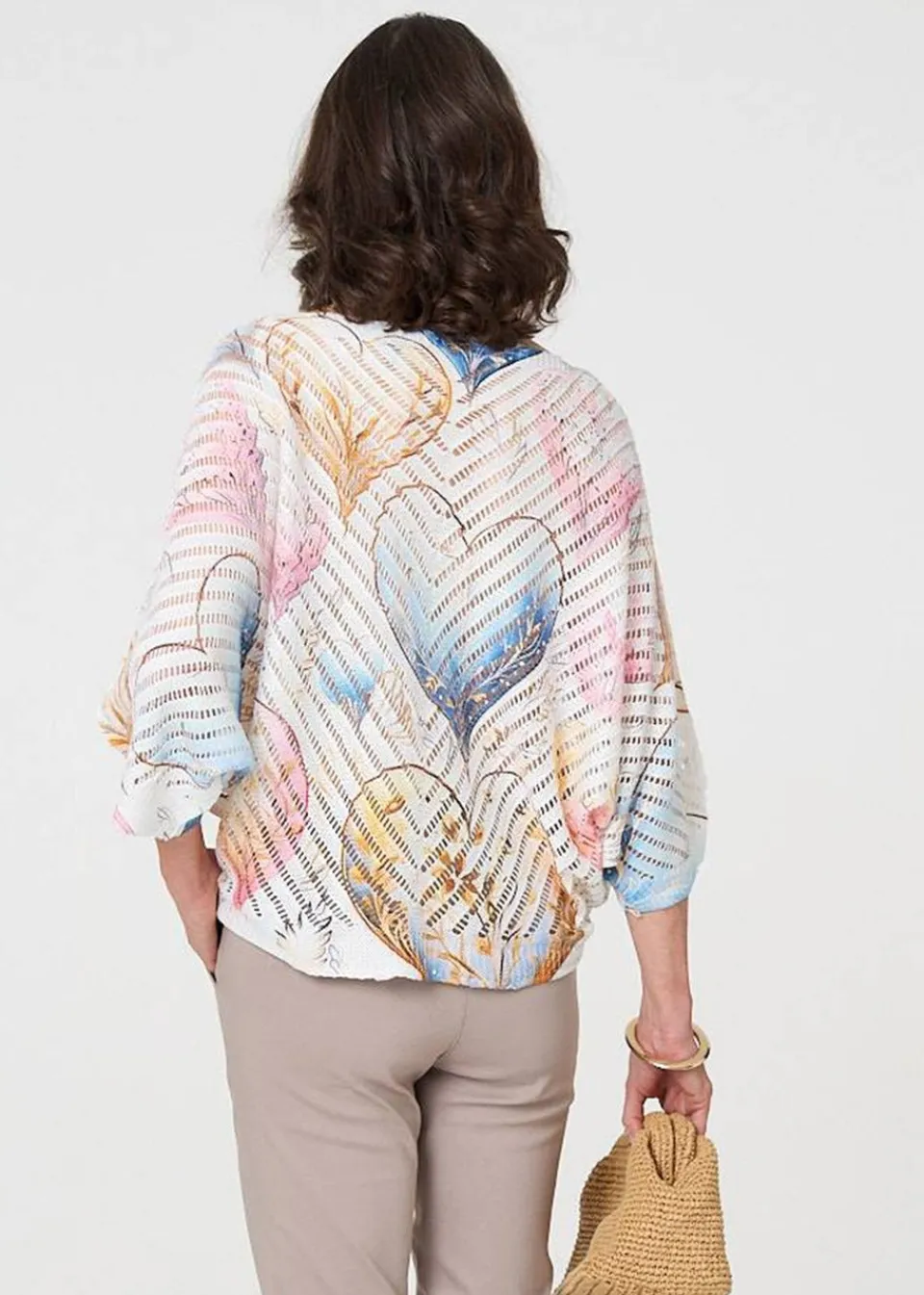 Tops>Izabel London Pink Heart Print Open Knit 3/4 Sleeve Top