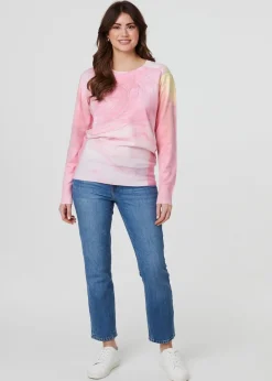 Tops>Izabel London Pink Marble Print Metallic Relaxed Jumper