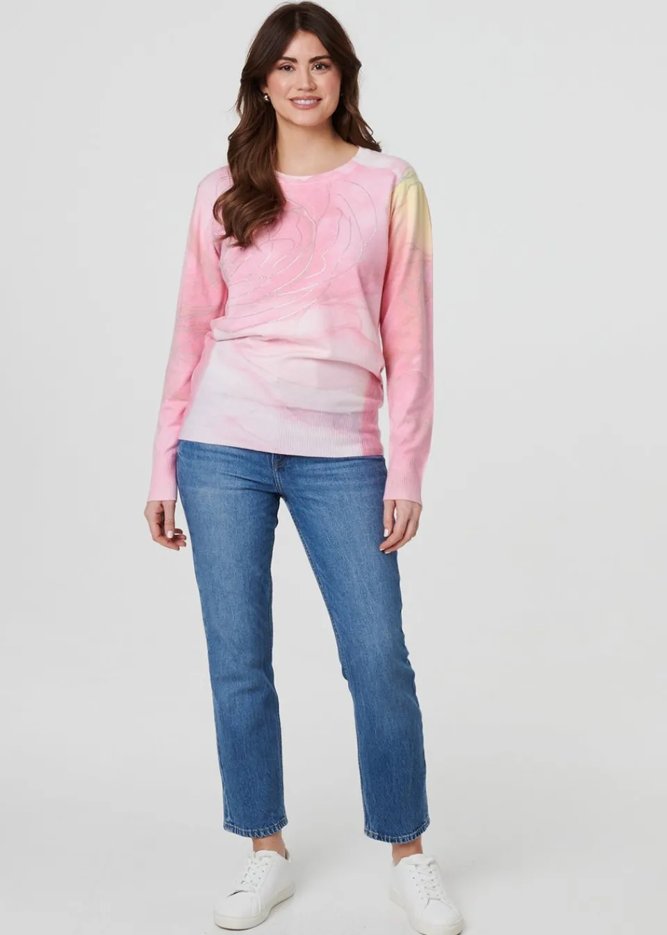 Tops>Izabel London Pink Marble Print Metallic Relaxed Jumper