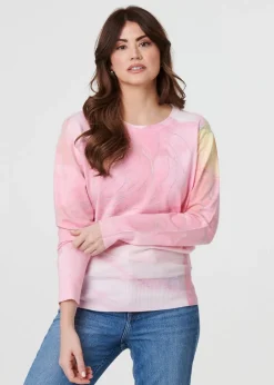 Tops>Izabel London Pink Marble Print Metallic Relaxed Jumper