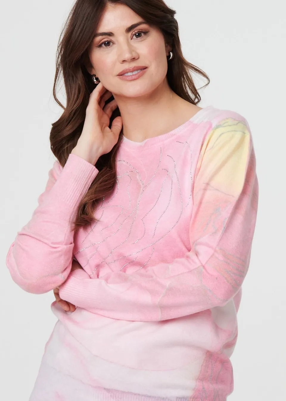 Tops>Izabel London Pink Marble Print Metallic Relaxed Jumper