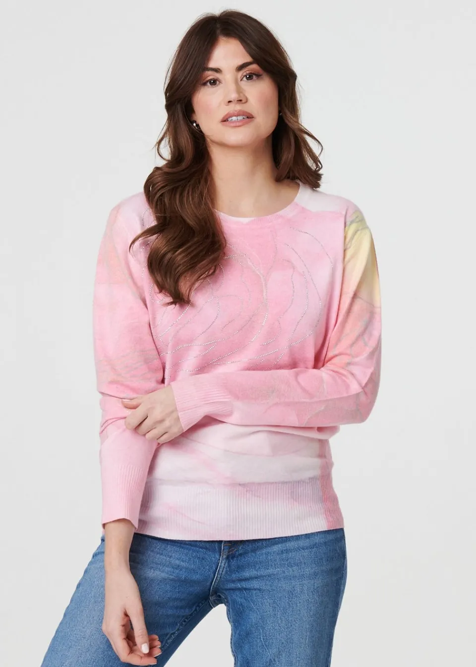 Tops>Izabel London Pink Marble Print Metallic Relaxed Jumper