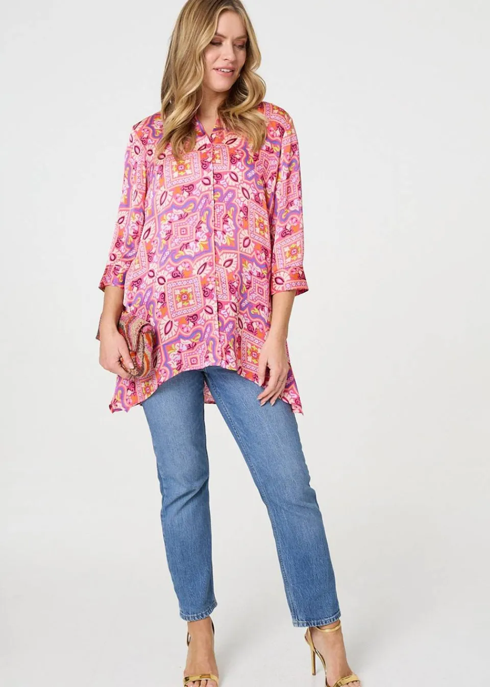 Tops>Izabel London Pink Mosaic Print 3/4 Sleeve Longline Blouse