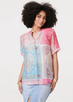 Tops>Izabel London Pink Patchwork Print Short Sleeve Blouse