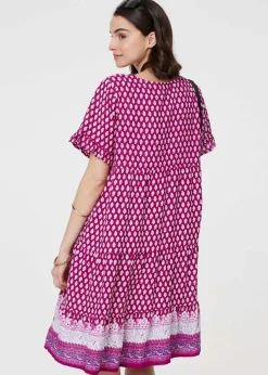 Dresses>Izabel London Pink Printed Short Sleeve Tiered Smock Dress