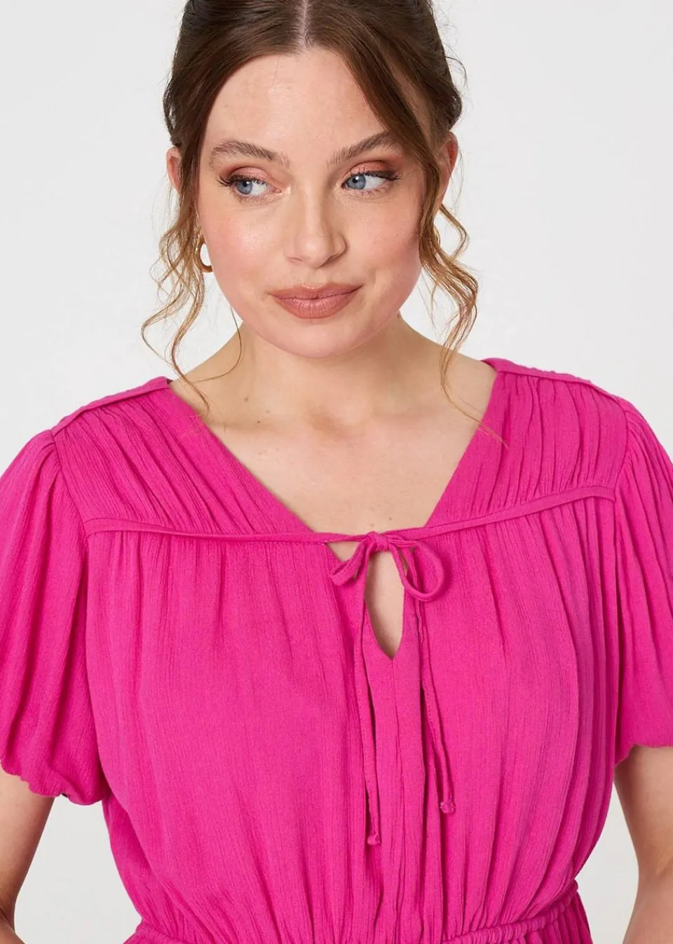 Tops>Izabel London Pink Ruched Short Puff Sleeve Peplum Blouse