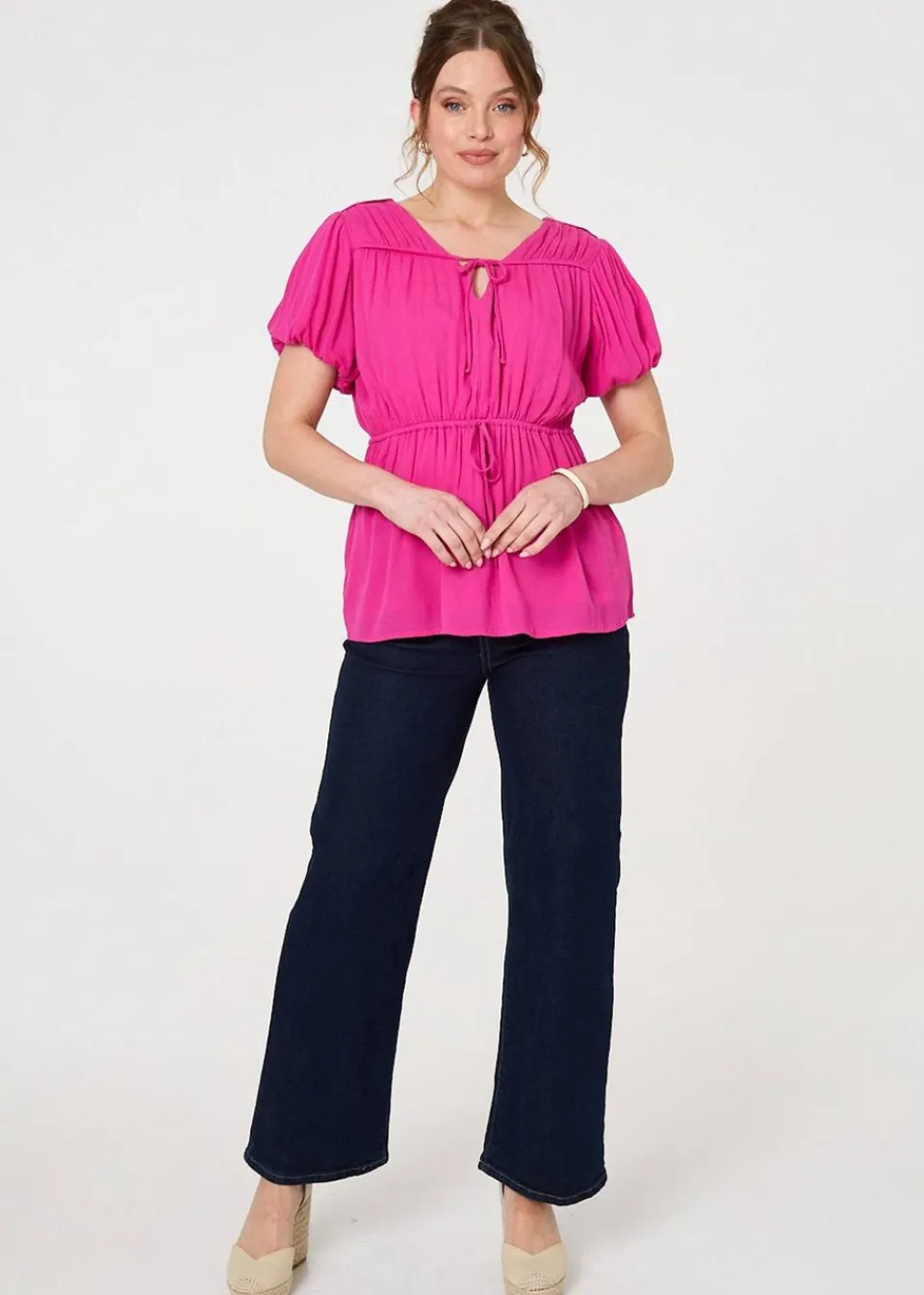 Tops>Izabel London Pink Ruched Short Puff Sleeve Peplum Blouse