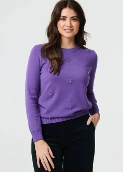 Tops>Izabel London Purple Floral Gemstone Embellished Jumper