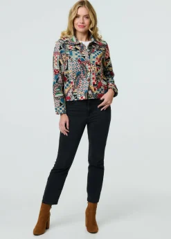 Coats & Jackets>Izabel London Red Abstract Print Cropped Collared Jacket
