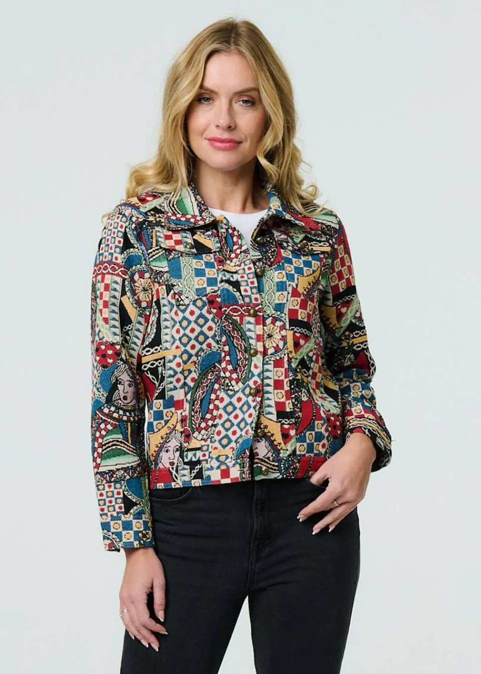 Coats & Jackets>Izabel London Red Abstract Print Cropped Collared Jacket