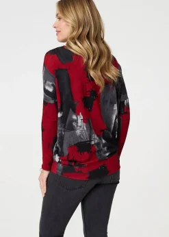 Tops>Izabel London Red Abstract Knit Long Sleeve Jumper