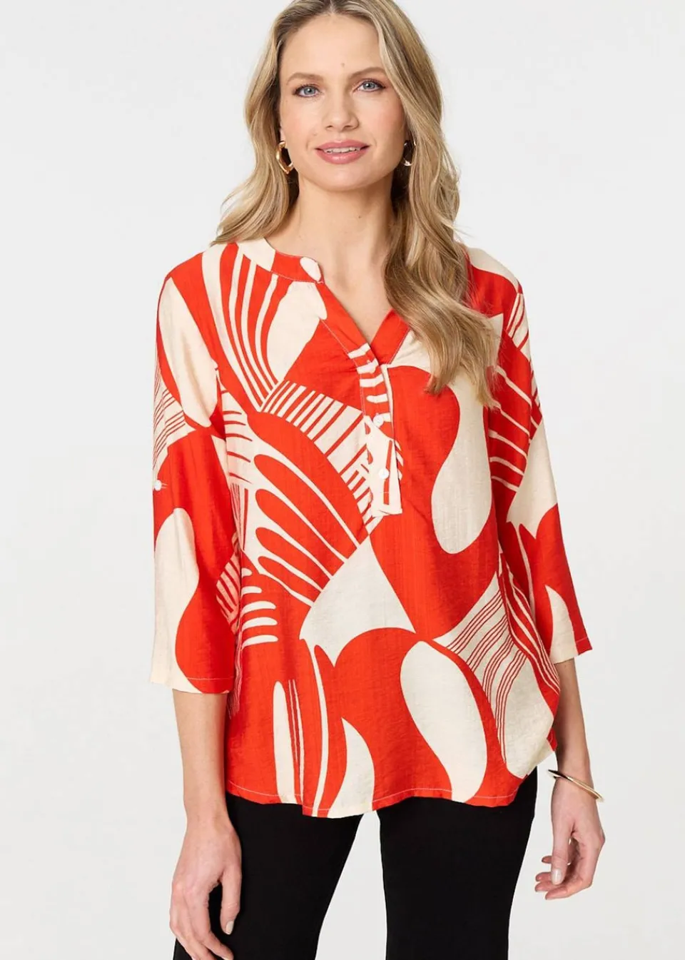 Tops>Izabel London Abstract Button Detail Blouse Red