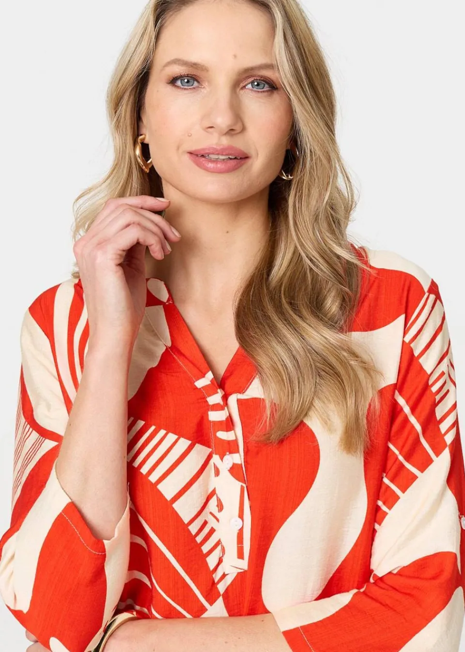 Tops>Izabel London Abstract Button Detail Blouse Red