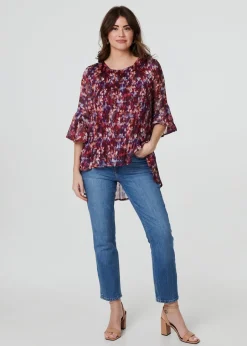 Tops>Izabel London Red Animal Print Pleated 3/4 Sleeve Blouse