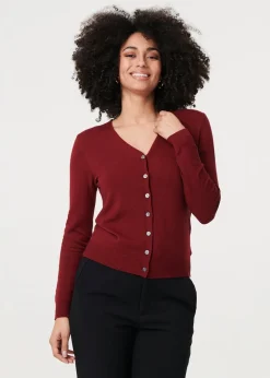 Tops>Izabel London Red Cropped Button Up Slim Knit Cardigan