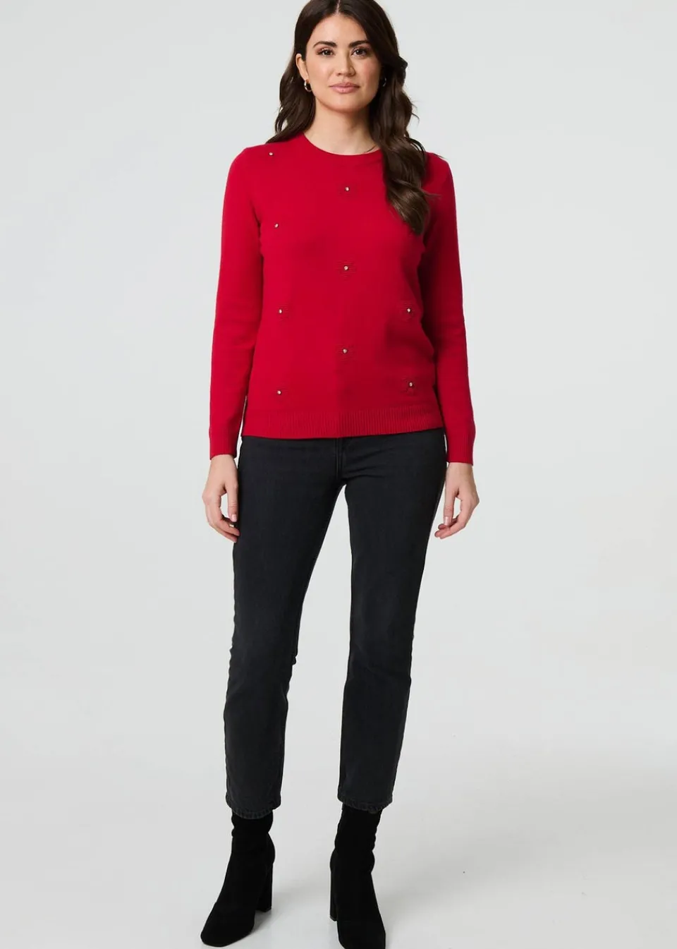 Tops>Izabel London Red Floral Gemstone Embellished Jumper