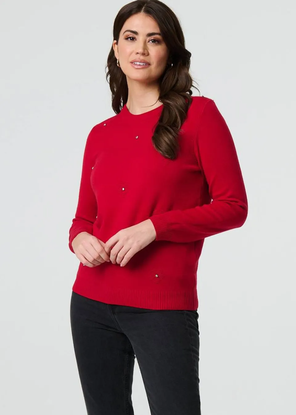 Tops>Izabel London Red Floral Gemstone Embellished Jumper