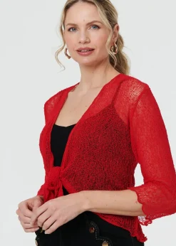 Tops>Izabel London Red Sheer 3/4 Sleeve Open Front Cardigan