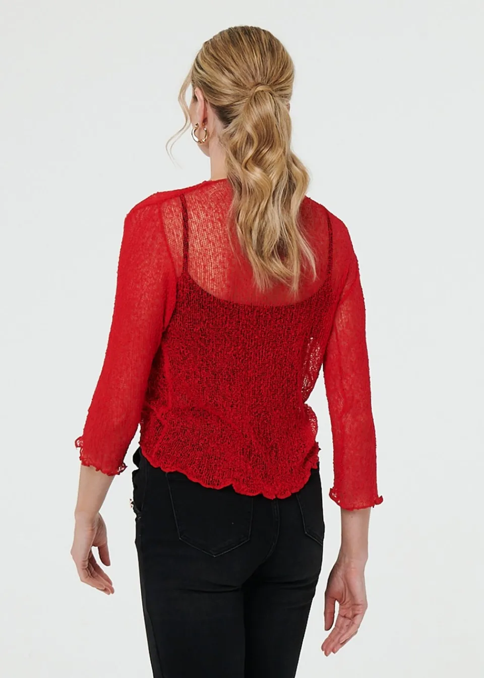 Tops>Izabel London Red Sheer 3/4 Sleeve Open Front Cardigan