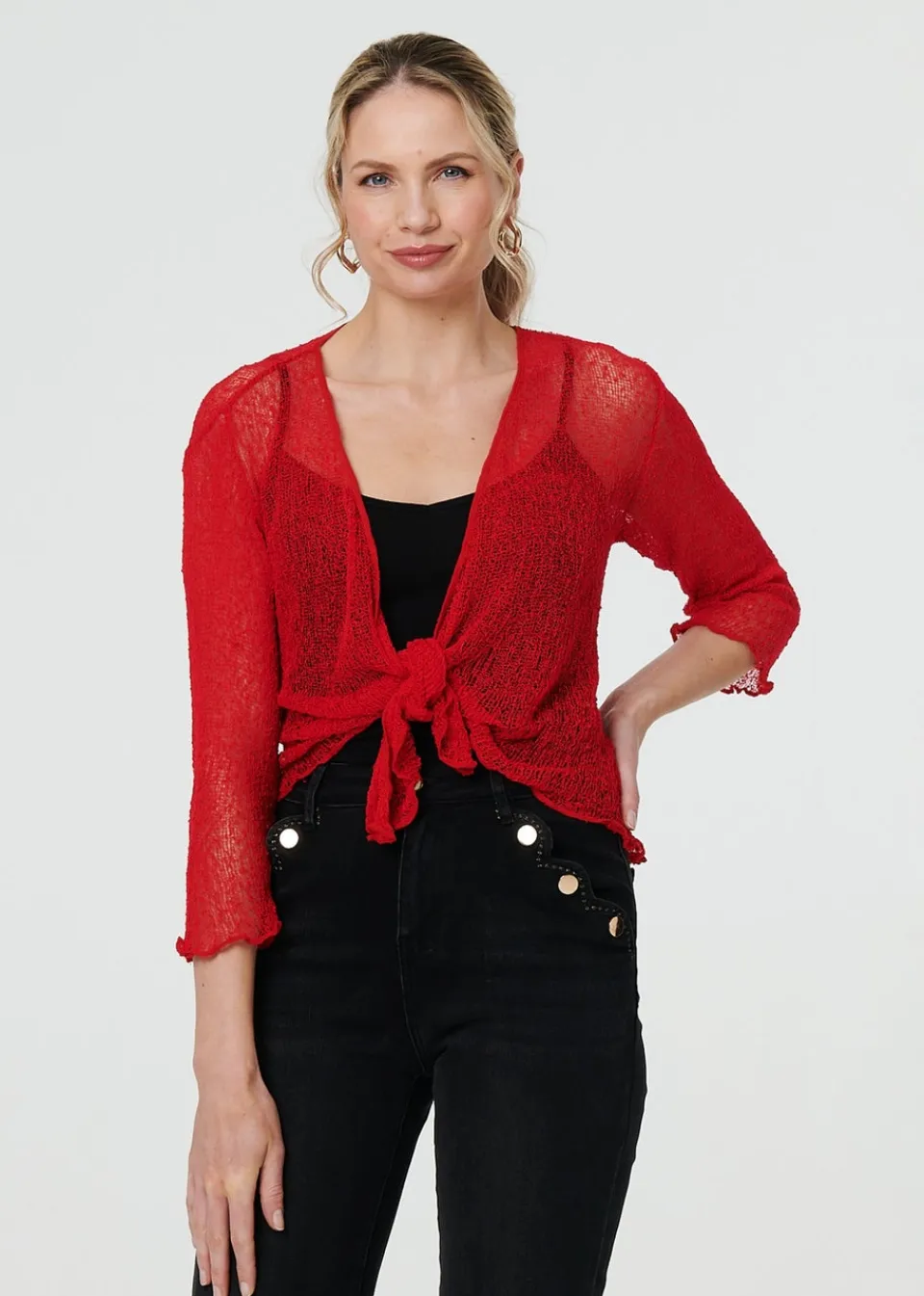 Tops>Izabel London Red Sheer 3/4 Sleeve Open Front Cardigan