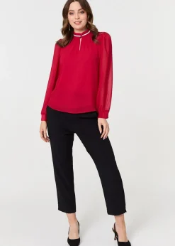 Tops>Izabel London Red Sparkle Trim High Neck Semi Sheer Blouse
