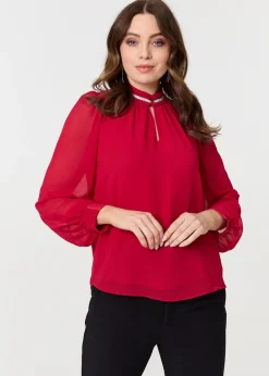Tops>Izabel London Red Sparkle Trim High Neck Semi Sheer Blouse